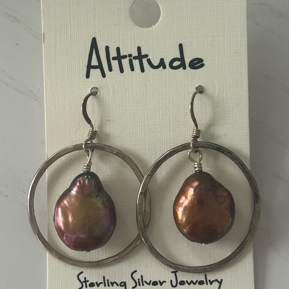 Sterling Silver Hoop Earrings with Iridescent Copper Brown Freshwater Pearls